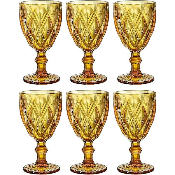 Färgade vinglas, glasbägare, vintagemönster präglade, färgade glasdricksglasset, set om 6, bärnsten
