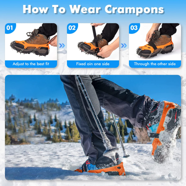 Issnøgrep for sko og støvler, 24 pigger trekkklosser Anti-skli isklips pigger stegjern, rustfritt stål sikkerhet for vinterklatring HikingXL XL