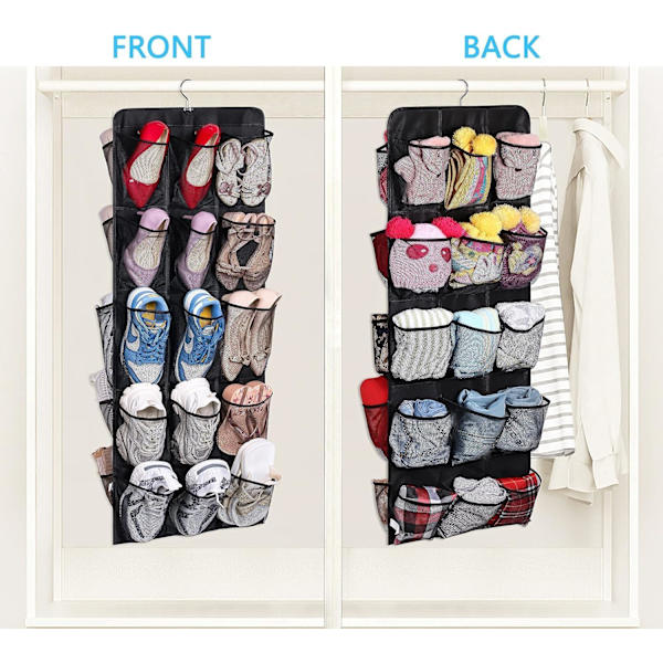30 store lommer sko hængende opbevaring arrangør til garderobe skinne rack dobbeltsidet med roterende bøjle mesh sko arrangør, sort Black