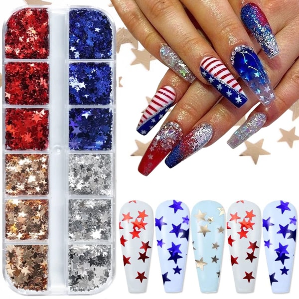 12 Grids Star Nail Art Glitter 3D Holografisk Independence Day Negle Pailletter Glitter Flakes Nail Art Supplies Nail Art Stickers Design