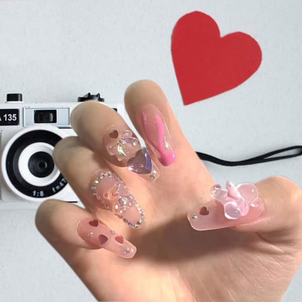 Nude Heart Tryk på Negle Medium Akryl Tryk på Falske Negle, 24 Stykker Falske Negle Blanke Fuld Dækning Falske Negle med Neglelim Faner Stik på Negle