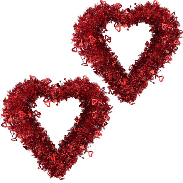 30 cm valentinsdagkranser til inngangsdørdekor Rød tinsel hjerteformede kranser med folie hjerte kjærlighet krans vegghengende skilt (2 stk)