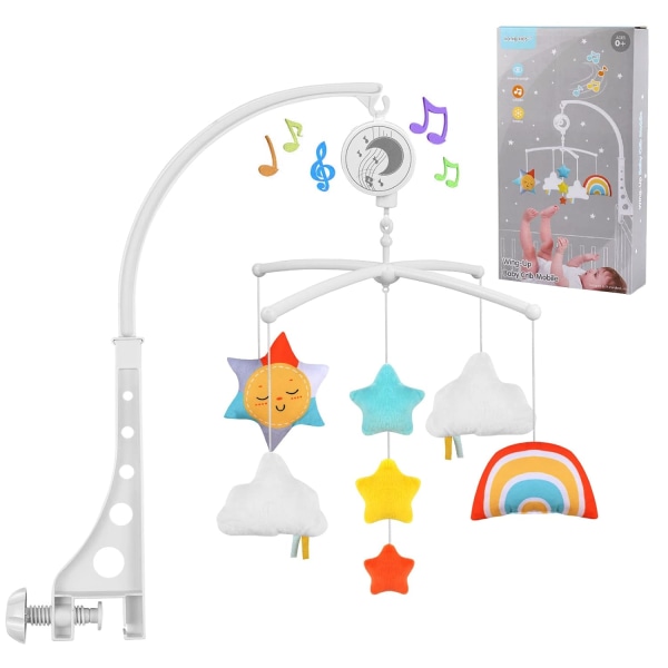Baby Music Crib Mobile för hängande, musikalisk baby med lugnande melodier och naturljud, stjärnor och regnbågar, för bebisar från 0-5 månader