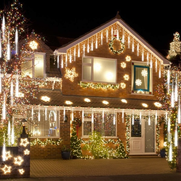 Utendørs juledekorasjoner, meteorskurlys LED 8 rør istappjulelys for juletre hjemmefest feriehage, hvit White