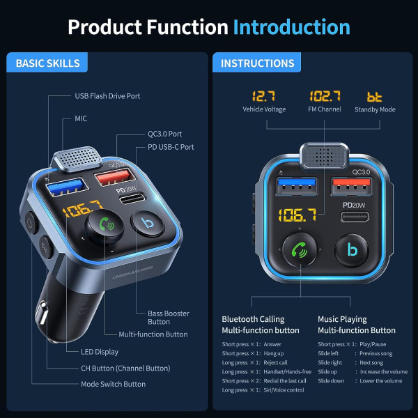 Bluetooth FM-sender for bil, trådløs Bluetooth med 2 USB-porter, bilsett med håndfrie samtaler, støtte for bassmusikkspiller USB-stasjon