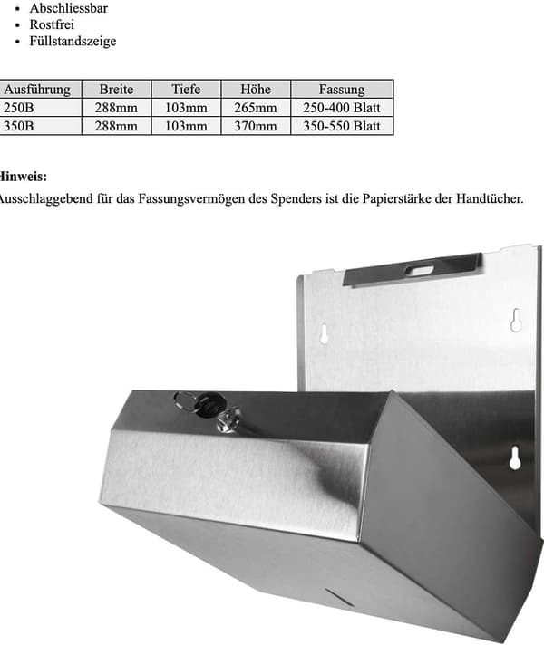 Håndkledispenser i rustfritt stål, låsbar i 2 størrelser å velge mellom (250-400 ark) 250-400 sheets