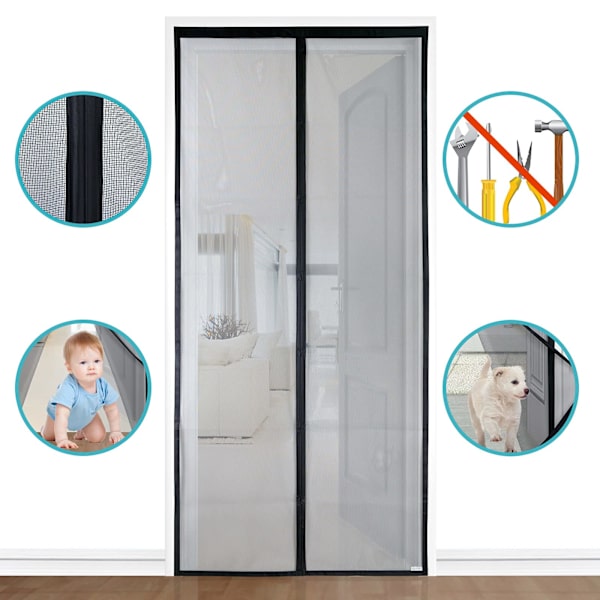 Myggnät dörr, magnetisk insektsskydd balkongdörr 90 x 210 cm, kattsäker, starkare magneter, 3,8 cm bred kardborreband, kan inte förkortas black 90*210cm