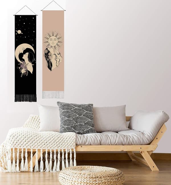 Boho-dekor Sol och Måne Gobeläng för Sovrum Estetik (32 x 137 cm) Svart Bomull Linne Gobeläng för Vardagsrum