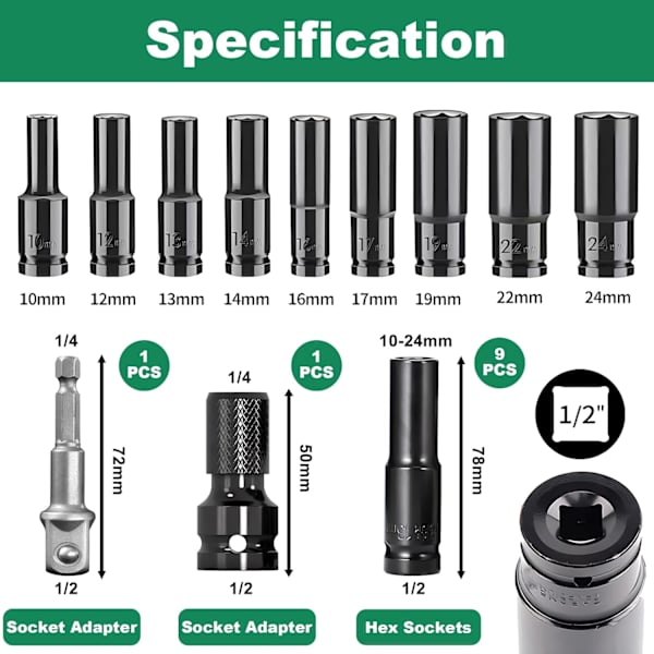 11 dele slagfastnøgle 1/2, 10-24mm lang fatning kasse, fatninger og kasser, slagfastnøgle fatning