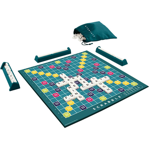 Klassisk Scrabble,  krydsordsspil, engelsk version, familiespil for voksne og børn, ordspil for 2 til 4 spillere, fra 10 år og opefter