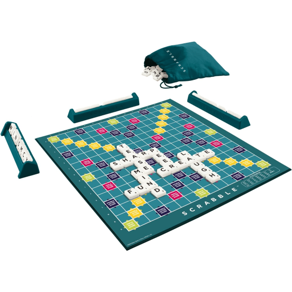 Klassisk Scrabble, Kryssordbrettspill, engelsk versjon, Familiebrettspill for voksne og barn, Ordspill for 2 til 4 spillere, 10 år og oppover