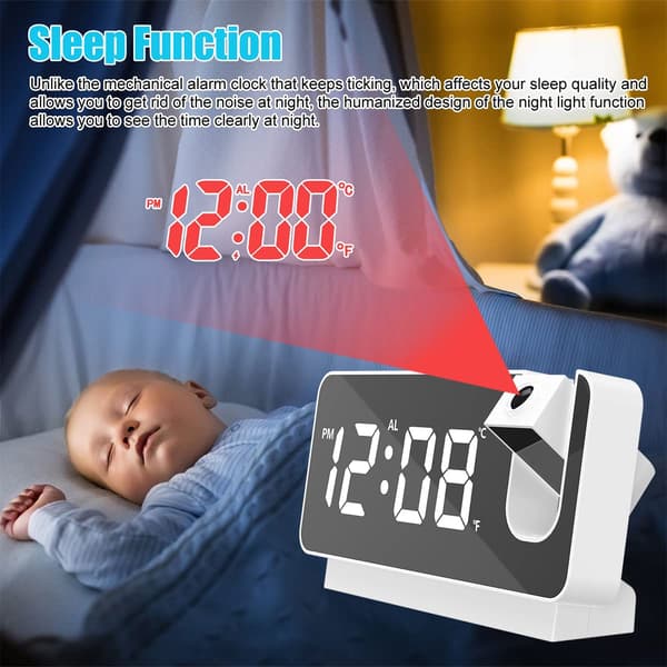 Projektionsväckarklocka, sovrumsklocka med 180° projektor, LED-väckarklocka, USB-laddning (vit) White