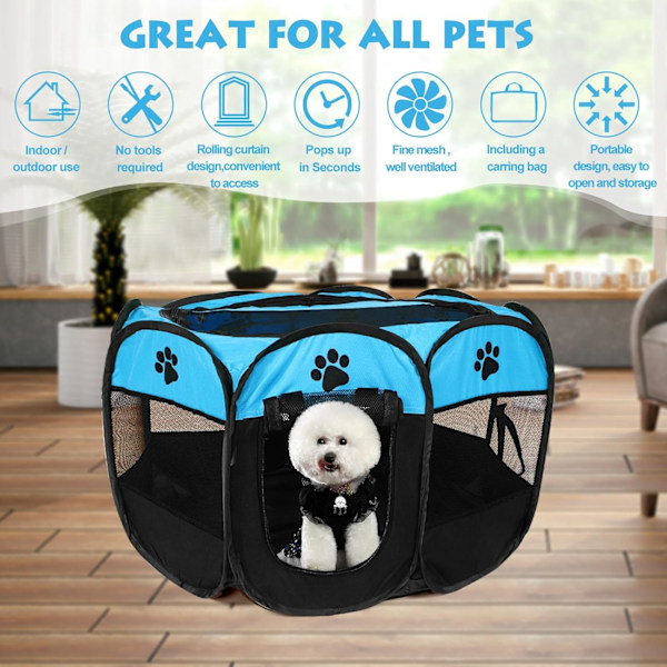 Hundspen Foldbar Tält 8-Panel Mesh Cover Design Mjuk Oxford Playpen Kennel för Inomhus/Utomhus Hund Katt Kanin (S(28.5\" x 28.5\" x 16\"), Blå)