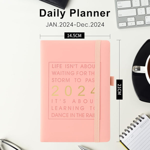 2024 Dagsplanerare A5, Vecko- och månadsplanerare Tjockt papper, Årlig agenda Veckovy för Jan-Dec 2024 (A5, Rosa) Pink
