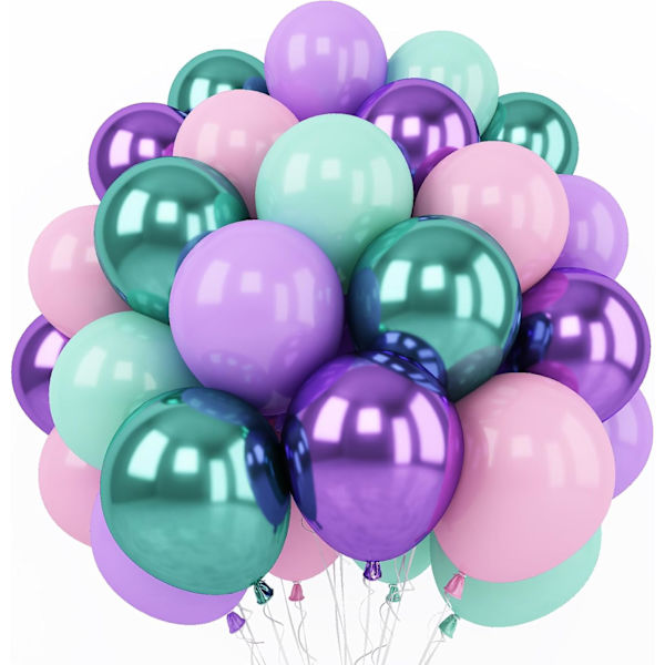 Sjöjungfru-ballongset, 60 st 12 tum metalliska lila rosa gröna blå latexballonger för flickors sjöjungfru-födelsedagsfestdekoration