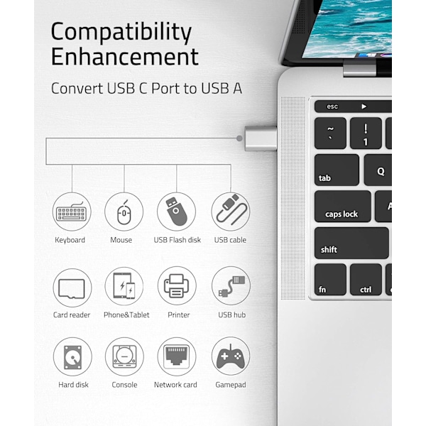 USB C til USB-adapter (2-pak), USB-C han til USB 3.0 hun-adapter kompatibel med MacBook Pro efter 2016, MacBook Air og mere, sølv Silver