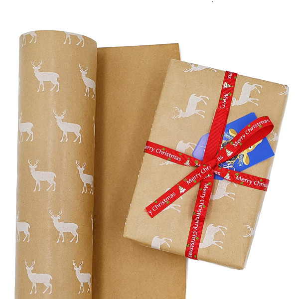 10 m Kraft White Elk -käärepaperirulla, 100 % kierrätettävä ekologinen lahja syntymäpäivälahjaksi joulukoristeisiin (10 m x 44 cm) Deer