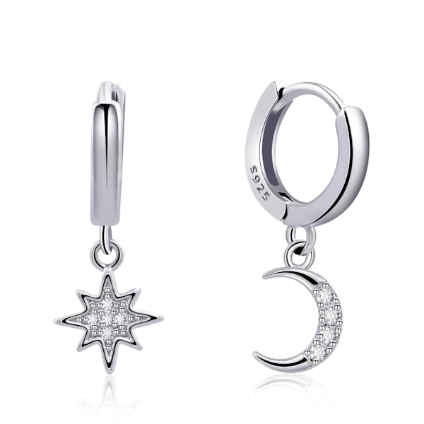 Sølv Måne og Stjerne Øreringe Huggie Hoop Øreringe 925 Sterling Sølv Hoop Øreringe Håndlavede Drop Dangle Øreringe til Kvinder Piger