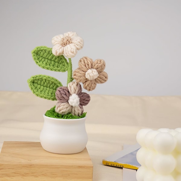 Hæklet Puff Blomster i Potteplanter, Gradient Farverige Blomster til Venner, Familie og Elskede, Håndlavede Blomster, Brun