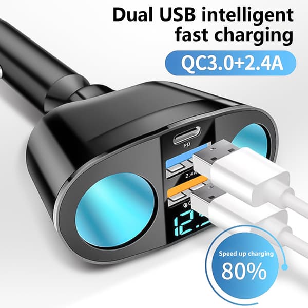Billading 12V-24V Dobbel USB & USB C LED-display Ladeadapter 360 Graders Rotasjon Kjøretøy Socket Adapter