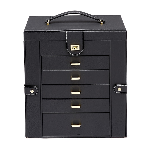Stor 6-lags rektangulær smykkeskrin i skinn med sidelommer, svart, 12,00\" x 6,61\" x 13\" (30,3 cm x 16,8 cm x 33 cm) (LxBxH)