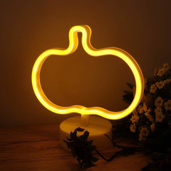 LED-keltainen kurpitsan neonkyltti jalustalla Halloween-festivaalin koristevalot Söpöt koristevalot Pöytäyövalo USB/paristokäyttöinen neon