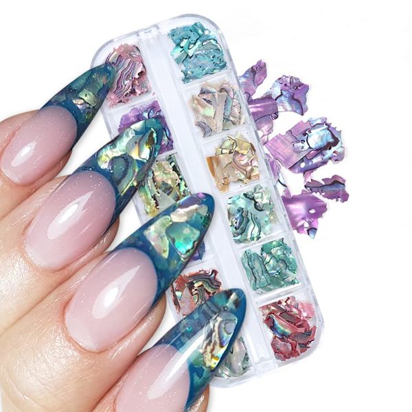 Snäckskal för nagelkonst, färgglada snäckskal nagelkonst paljetter glitter oregelbundna abalone snäckskal nagelkonst skivor manikyr DIY paljett tillbehör