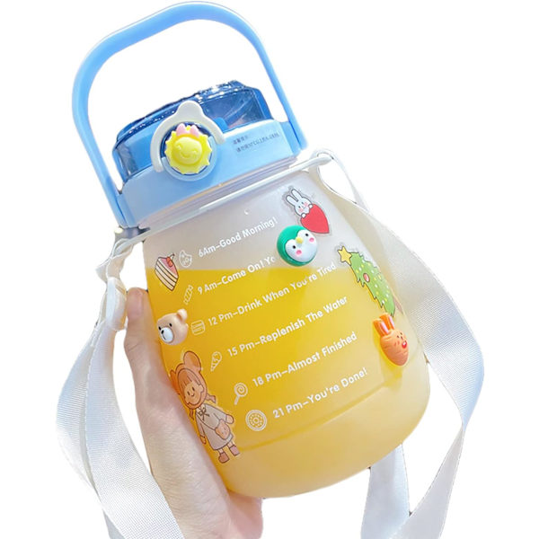 Vannflaske, 1,3L Stor kapasitet Stor mage Vannflasker med 3D Kawaii klistremerke & Tidsmarkør & Bærbar stropp Blue