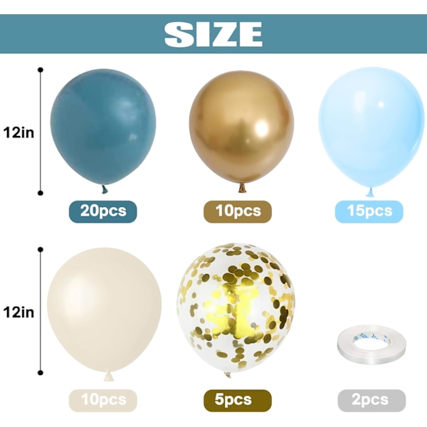 Støvblå Ballondekorationsæt, 60 stk. 12 tommer Metallic Kromguld Macaron Blå Oceanblå Hvid Sand Ballon Konfettiballoner