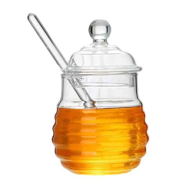 Honningkrukke i glas med honningbeholder og honningske, honningglas til servering af honning og sirup 300ml