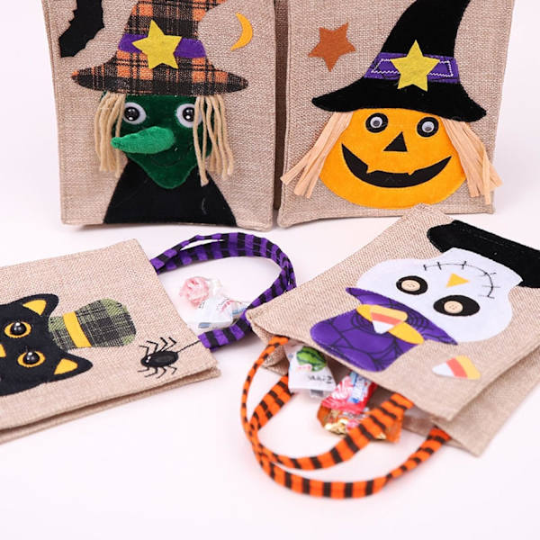 1 kpl Halloween-aiheisia kangaskasseja, joissa on kahva, uudelleenkäytettäviä Halloween-temppuja tai -herkkuja, karkkipusseja Halloween-juhlatarvikkeisiin (valkoinen, 7,1 * 5,9 tuumaa)