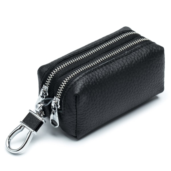 Bilnøkkelveske i ekte skinn, unisex nøkkelring med dobbel glidelås lommebok myntveske med metallkrok (svart)