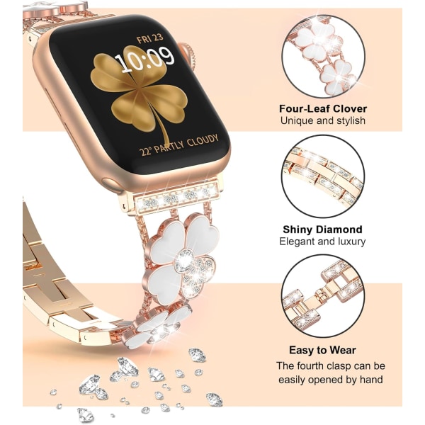 Bling-rem kompatibel med Apple Watch -rem 38 mm 40 mm 41 mm för kvinnor, iWatch Series 8 7 6 SE 5 4 3 2 1 Smycken Metallarmband, roséguld/vit White