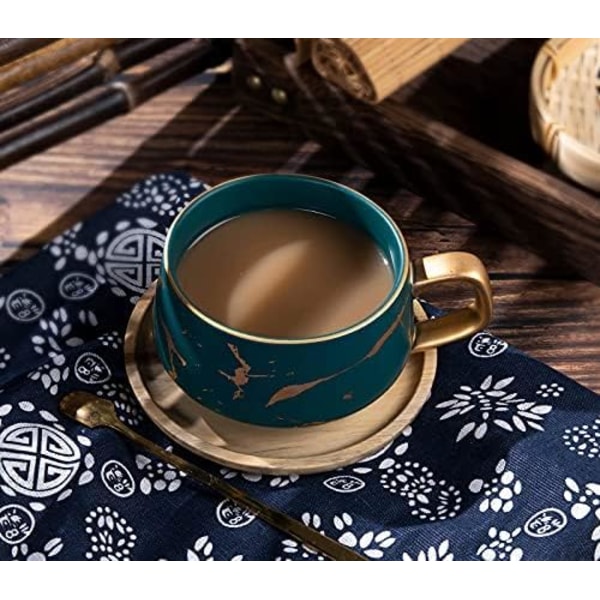 2 st Cappuccinokoppar med fat, 300 ml porslin espressokoppar för te kaffe cappuccino, kaffekoppar med träskiva (grön*2) Green*2