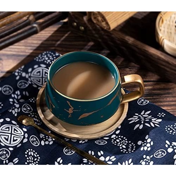 2 stk. Cappuccino kopper med underkopper, 300 ml porcelæn espressokopper til te, kaffe, cappuccino, kaffekopper med træskive (grøn*2) Green*2