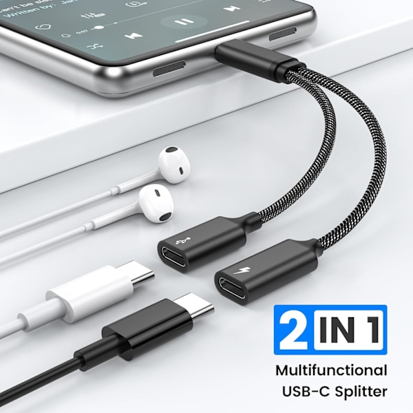 60W USB C Splitterkabel, Snabbladdande Typ C Splitterkabel med Dataöverföring, 2 i 1 USB C Splitteradapter för iPhone 15, Macbook, Xbox, Laptop black