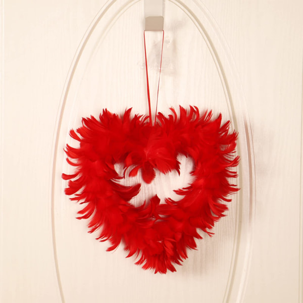 Hjerteformet valentinsdag dekorationer, rød fjer dekorativ krans, valentinsdag krans dekoration Rød hjerteformet krans (rød)