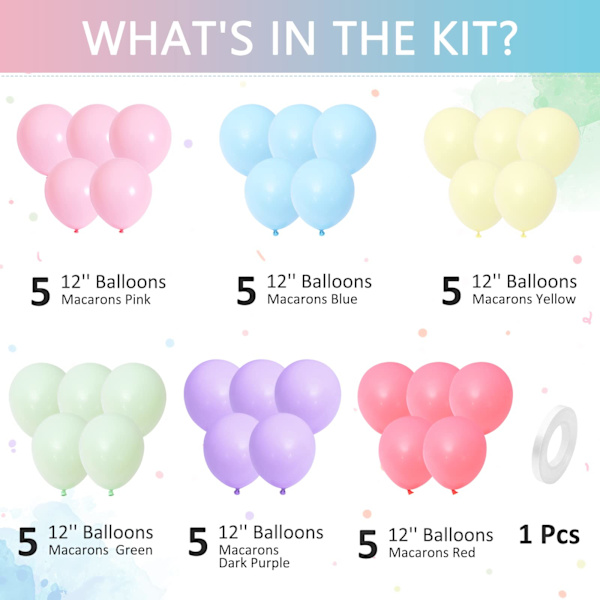 Pastelfarvede regnbueballoner, 100 stk. ballonpakke 13,2 tommer makaron flerfarvede balloner, assorterede farver latexballoner