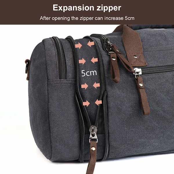 Kangaskassi, jossa on kaksi sivutaskua laajennuksia varten, unisex-viikonloppureppu, suuri matkakassi (musta)