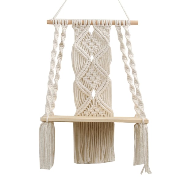 Boho væghylde i træ med flettet macramé til ophængning på væggen - Boho vægdekoration