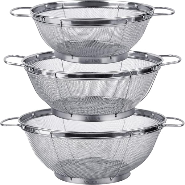 3-pak 18/8 rustfri stål dørslagssier (5-quart, 4-quart og 3-quart), netkurve med maske