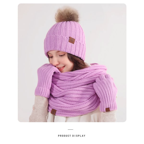 Naisten talvihattu huivi set 3 kpl neulottua hattua lämpimämpi huivi lämmin neulottu pipo villahattu purple