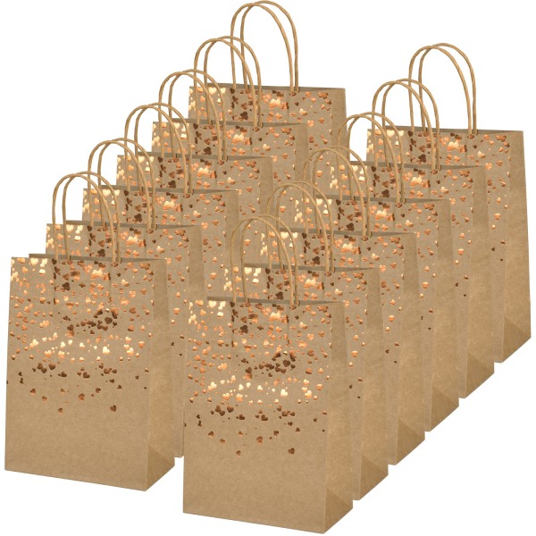 Paket med 12 papperspåsar gjorda av kraftpapper, papperspåsar med handtag, presentpåsar av kraftpapper, bronzing kraftpåse med guldhjärta, bruna festpapperspåsar