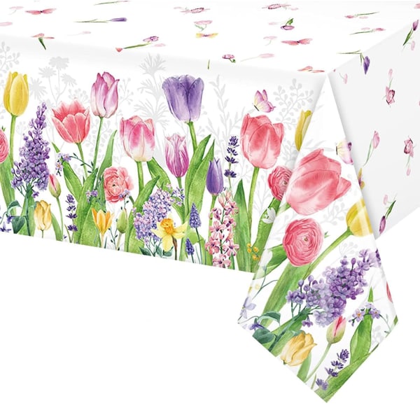 Sommer blomsterduk Tulip Blomster Duk Engangs Plast Bord Deksel Duk Borddekorasjoner til våren påske Morsdag, 137 * 274cm