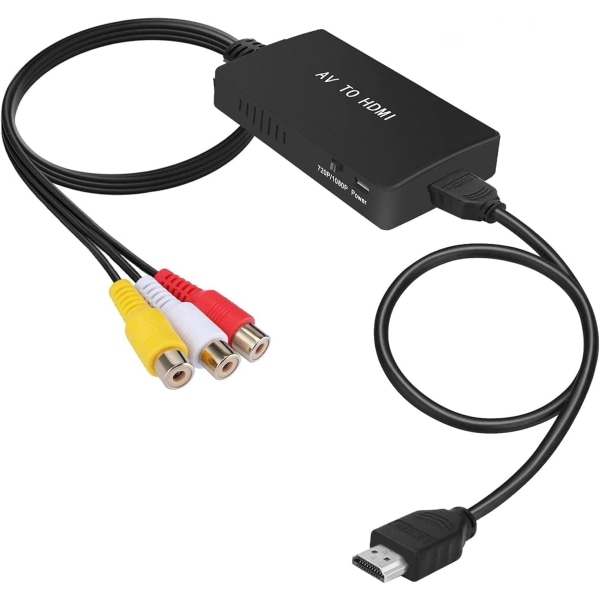 RCA til HDMI-omformer med HDMI-kabler, AV til HDMI-adapter Full HD 720P/1080P Video Audio-omformer for HDTV-skjerm-projektor