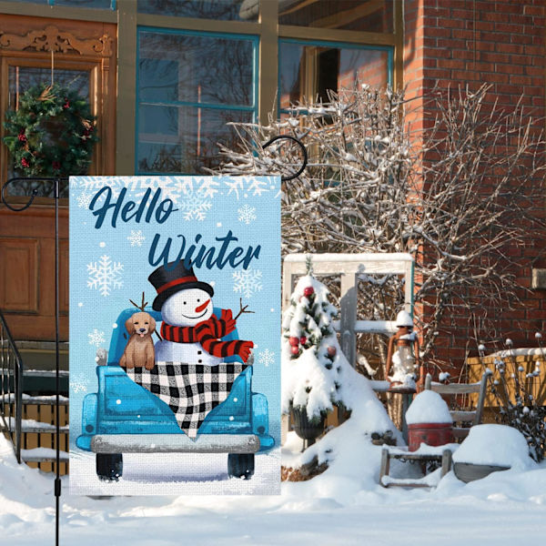 Hello Winter Hageflagg 12x18 Dobbeltsidig, Burlap Liten Vertikal Buffalo Rutete Vinter Lastebil Hage Hage Husflagg (KUN FLAGG)