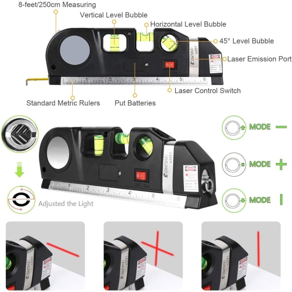 Monipuolinen laser 4 in 1 - Kannettava tehokas laser vesivaa'alla, mittanauha, vakio- ja metrinen mittanauha