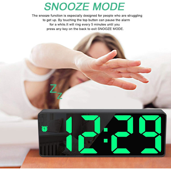 Digitalt vækkeur, stort LED-display, med snooze-funktion og lysstyrkejusterbar USB-opladning, kontorer Green
