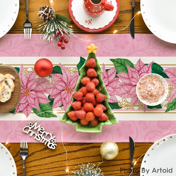 Vattenfärgsjulstjärna Rosa Julbordsskydd, Säsongsbetonad Vinter Jul Semester Kök Matbord Dekoration 13 x 72 Tum, Rosa