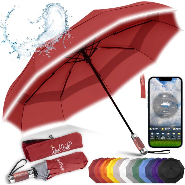 Windproof Folding Travel Umbrella Compact and Strong Luxurious Real Wood Handle Automatic Open Close Vented Double Canopy  (Dark Red)